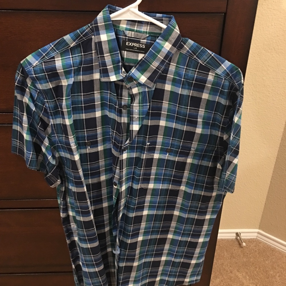Express Blue white green short sleeve / 2 for $15
